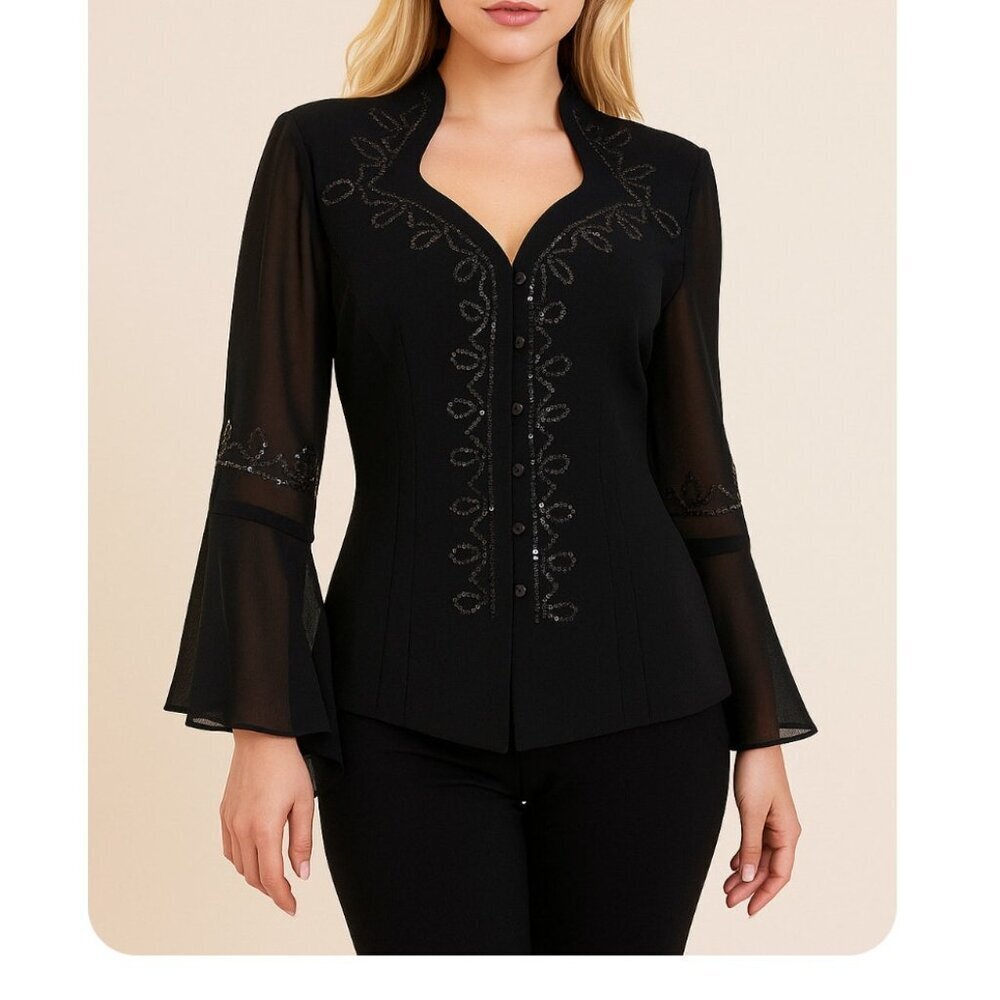 Vintage JR. Nites by Caliendo black blazer jacket semi sheer trumpet sleeves 8